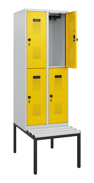 C+P Doppelstöckiger Spind Evolo PLUS, Bank, 4 Fächer, 1950x600x815mm, 7035/1023, Drehriegel, Sitzfläche Kunststoff, Sitzbank, 0493505-20 S10084