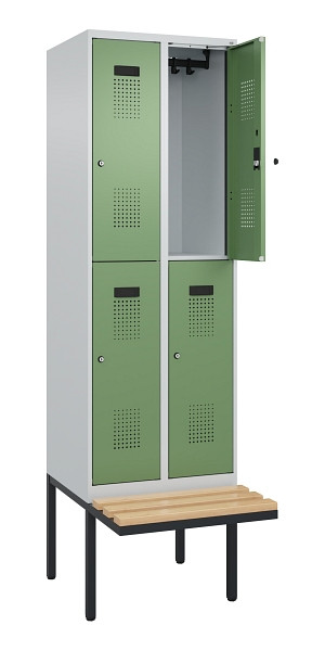 C+P Doppelstock-Spind Evolo PLUS, Bank, 4 Fächer, 2120x600x815mm, 7035/6011, Zylinderschloss, Sitzfläche Buche-Hartholz, 0493407-20 S10037