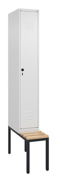C+P Umkleidespind Classic PLUS, mit untergebauter Sitzbank, 2120x300x815mm, 9016/9016, Drehriegel, Buche-Sitzleisten, 0800507-10 S10016