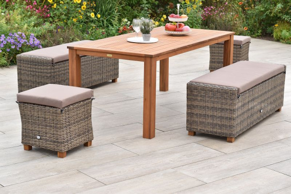 Merxx Toskana Set 9-teilig, 2 Toskana Bänke, inkl. Sitzauflagen, 2 Toskana Hocker, inkl. Sitzauflagen, 1 Tisch 185 x 90 cm, Akazienholz, 51064-211