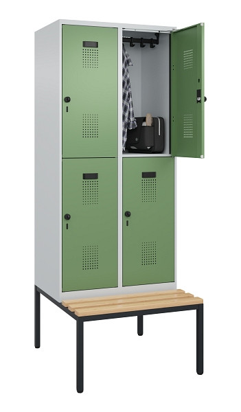 C+P Doppelstock-Spind Evolo PLUS, Bank, 4 Fächer, 2120x800x815mm, 7035/6011, Drehriegel, Sitzfläche Buche-Hartholz, Sitzbank, 0493507-22 S10010