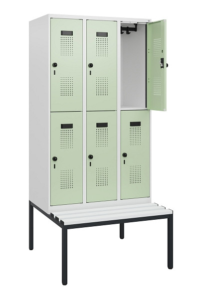 C+P Doppelstöckiger Spind Evolo PLUS, Bank, 6 Fächer, 1950x900x815mm, 9016/6019, Drehriegel, Sitzfläche Kunststoff, Sitzbank, 0493505-30 S10118