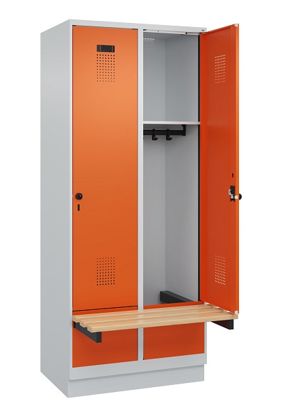 C+P Spind Evolo PLUS, 2 Abteile, 1950x800x815mm, 7035/2004, Drehriegel, Sitzfläche Holz, Sitzbank auskragend Sockel, 049040-22 S10002
