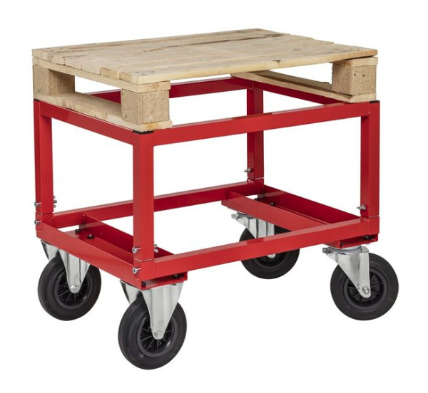 Kongamek Palettenwagen - niedrig, 2 Bock- und 2 Lenkrollen aus Vollgummi mit Bremsen, Rot, 800 x 600 x 654 mm, KM222-HB