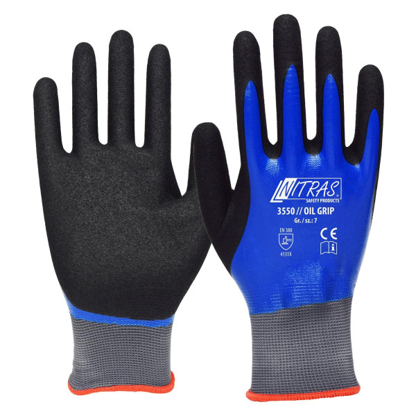 NITRAS OIL GRIP, Nylonhandschuhe, grau, mit zweifacher Beschichtung, Größe: 9, VE: 72 Paar, 3550-9
