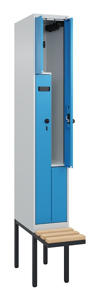 C+P Z-Spind Evolo PLUS, Bank, 2 Fächer, 2120x300x815mm, 7035/5012, Drehriegel, Sitzfläche Holz, 0490437-102 S10017