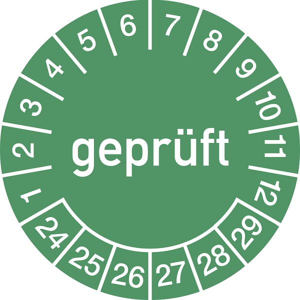 Moedel Prüfplakette geprüft 2024 - 2029, Folie, Ø 15 mm, VE: 10 Stück/Bogen, 104937