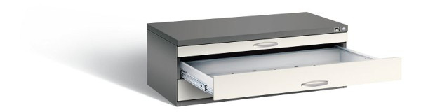 C+P Flachablageschrank Serie 7100_7200, H420xB1100xT765mm, Farbe: Vulkangrau / Perlweiß, Bügelgriff, 7100-100 S10103