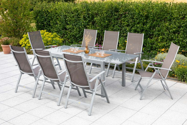 Merxx Carrara Set 9-teilig, 8 Klappsessel, 1 Semi Ausziehtisch 150 (220) x 90 cm, graue Glasplatte, Silber/taupe, 50314-325