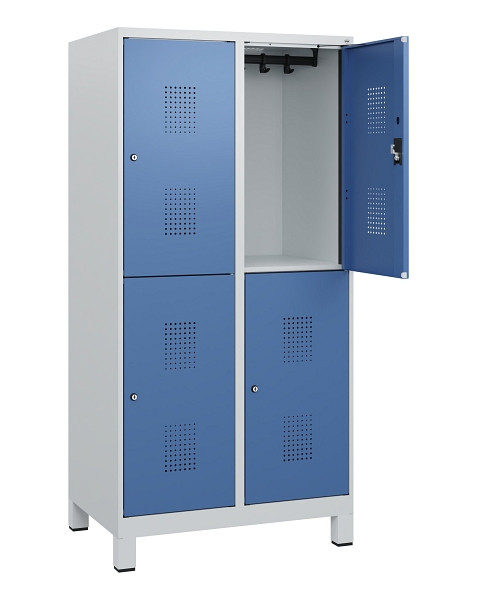 C+P Doppelstöckiger Spind Evolo PLUS, Füße, 4 Fächer, 1630x800x500mm, 7035/5023, Zylinderschloss, 0493105-22 S10033