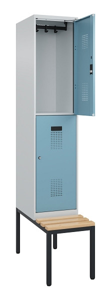 C+P Doppelstock-Spind Evolo PLUS, Bank, 2 Fächer, 2120x400x815mm, 7035/0010, Zylinderschloss, Sitzfläche Buche-Hartholz, Sitzbank, 0493507-12 S10036