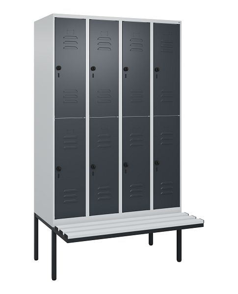 C+P Doppelstöckiger Spind Classic PLUS, 4 Abteile, 2120x1200x815mm, 7035/7016, Drehriegel, mit Untergestell und schwebender Sitzfläche, 0803407-40 S10113