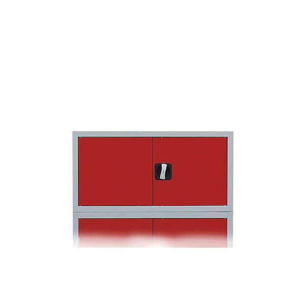 Lüllmann Aufsatzschrank mit Flügeltüren und Zylinderschloss mit Drehgriff, 450 x 925 x 422 mm, lichtgrau/feuerrot, 531124