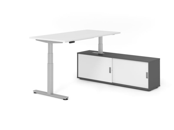 Hammerbacher Schreibtisch XDSM16, 160x80cm, Platte: Weiß, T-Fuß Gestell Silber, Höhe: 63 - 127 cm, Graphit / Weiß, VXDSM16SB/W/S/G/W