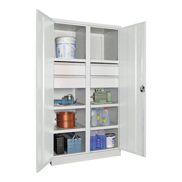 Pavoy Schwerlastschrank 1950/1040/630, Trennwand, 6 gepulverte Fachböden, 4 Schubladen, Flügeltüren, Drehgriff mit Zylinderschloss, 36366-104-007-735611