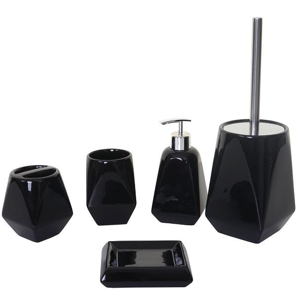 Mendler 5-teiliges Badset HWC-C71, WC-Garnitur Badezimmerset Badaccessoires, Keramik, schwarz, 61681
