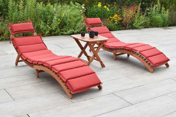 Merxx Set Ipanema Liege 5-teilig, faltbar, 2 Liegen inkl. rot/beigen Wendekissen, 1 Hocker, 50 x 50 cm, FSC Eukalyptusholz, 50104-011