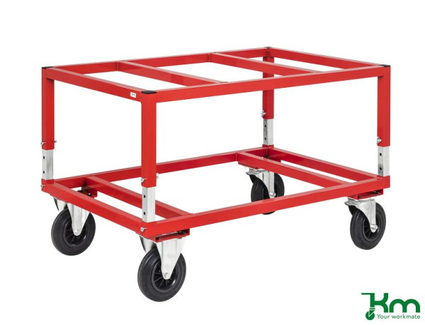 Kongamek Palettenwagen, 2 Bock- und 2 Lenkrollen aus Vollgummi mit Bremsen, Rot, 1200 x 800 x 655 mm, KM222B