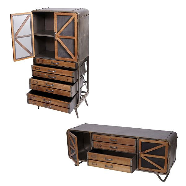 Mendler Wohnzimmer-Set HWC-F91, TV-Rack Kommode Highboard Hochschrank, Industrial Tanne Holz Metall, braun-schwarz, 70612+70613