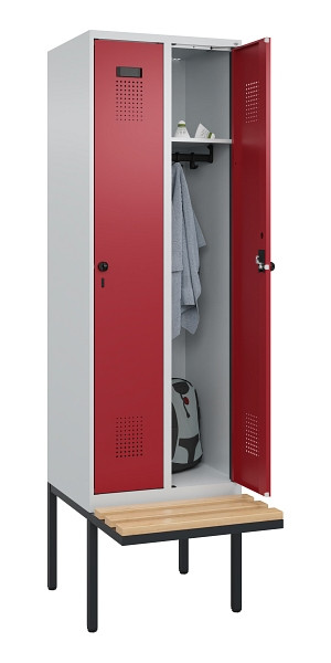 C+P Spind Evolo PLUS, 2 Abteil, 2120x600x815mm, 7035/3003, Drehriegel, Sitzfläche Holz, 0490407-20 S10004