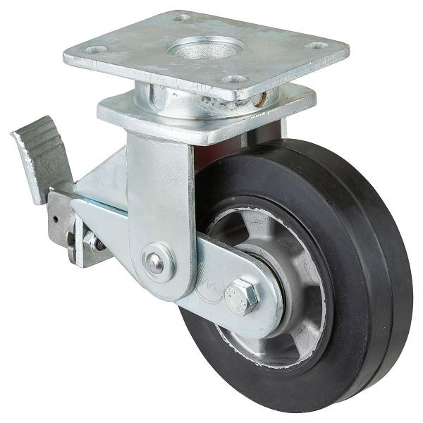 BS Rollen Gefederte Schwerlastrolle mit Feststeller, Breite 50 mm, Ø160 mm, bis 300 kg, Elastik-Reifen schwarz, Körper Aluminium, Kugellager, T120.B80.160