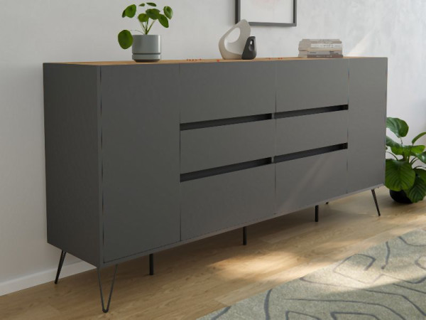 Posseik Sideboard Industrial R 200cm 6 Schubladen 2 Türen Grafit/Eiche Top, PN2095X0000058DE