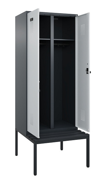 C+P Schwarz-Weiß-Spind Evolo PLUS, Bank, 2 Abteile, 2120x800x815mm, 7016/7035, Drehriegel, Sitzfläche Kunststoff, Sitzbank, 0490527-22 S10071