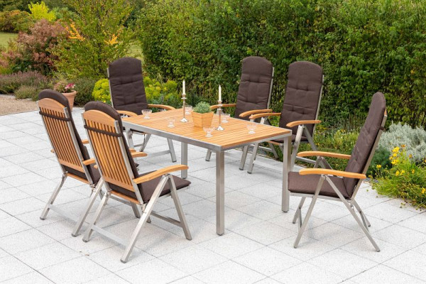 Merxx Keros Set 13-teilig, 6 Klappsessel, 6 Auflagen, braun, 1 Tisch, 150 x 90 cm, Edelstahl mit FSC Akazienholz, 50243-602