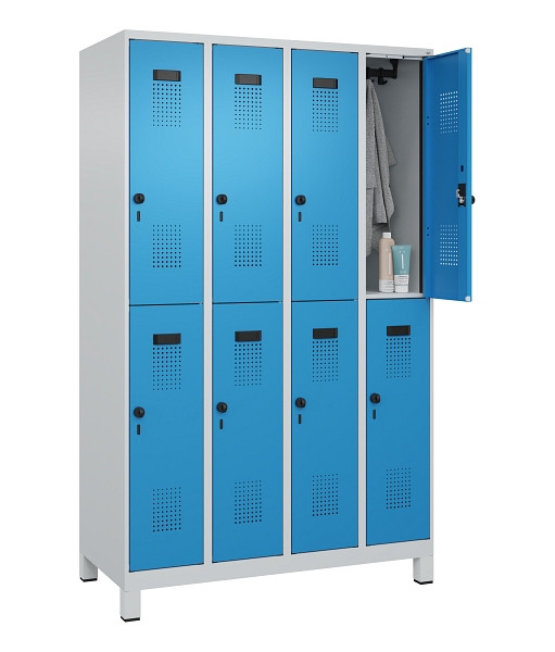 C+P Doppelstöckiger Spind Evolo PLUS, mit Füßen, 8 Fächer, 1950x1200x500mm, 703, Frontfarbe RAL 5012 Lichtblau, Drehriegel, 049310-40 S10007