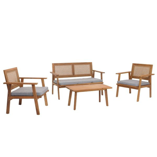 Mendler Garten-Garnitur HWC-N46, Lounge-Set Gartenlounge Bank Sessel Tisch, Holz Akazie MVG, Kissen grau, 106962+106963