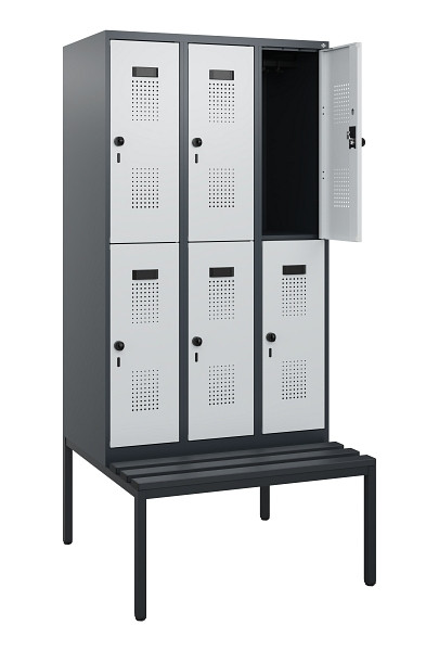 C+P Doppelstöckiger Spind Evolo PLUS, Bank, 6 Fächer, 1950x900x815mm, 7016/7035, Drehriegel, Sitzfläche Kunststoff, Sitzbank, 0493505-30 S10114