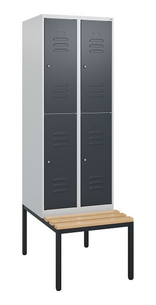 C+P Doppelstöckiger Spind Classic PLUS, 2 Abteile, 1950x600x815mm, 7035/7016, Zylinderschlösser, Buche-Sitzleisten, Sitzbank, 0803505-20 S10038