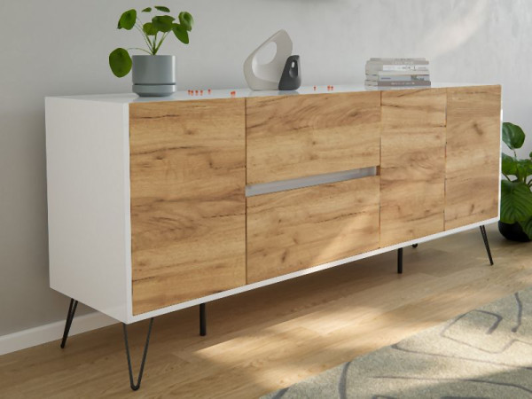 Posseik Sideboard Industrial I 180cm 2 Schubladen 3 Türen Weiß/Eiche Front, PN2086X0000034DE