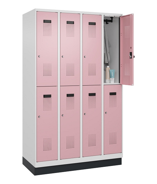 C+P Doppelstöckiger Spind Evolo PLUS, mit Sockel, 8 Fächer, 1950x1200x500mm, 901, Frontfarbe RAL 3015 Hellrosa, Zylinderschloss, 049320-40 S10045