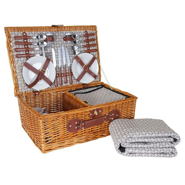 Mendler Picknickkorb-Set HWC-B25 für 4 Personen, Weiden-Korb + Kühlfach + Picknickdecke, Porzellan Edelstahl, beige, 60141