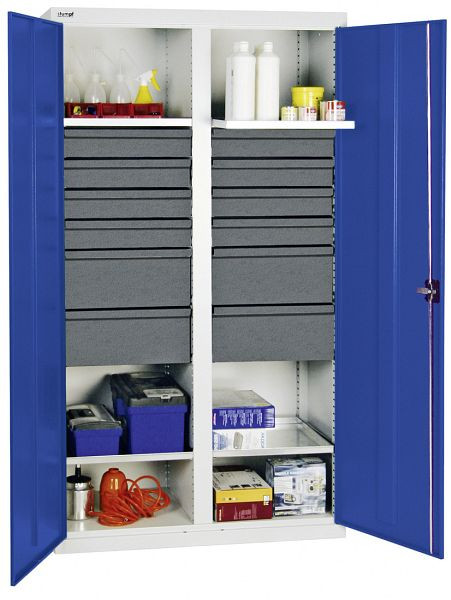 stumpf Werkzeug- und Materialschrank Serie 3000, 7035/5010, 8 Schublade 100 mm, 4 Schublade 200 mm, Mitteltrennwand, 4 Wannenböden, 3004574