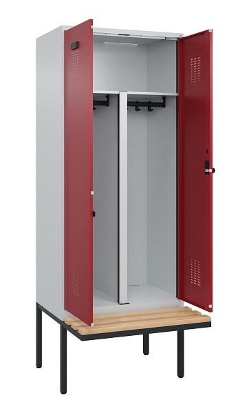 C+P PSA Doppel-Spind Evolo PLUS, Bank, 2 Abteile, 2120x800x815mm, 7035/3003, Drehriegel, Sitzfläche Holz, 0490427-22P S10004