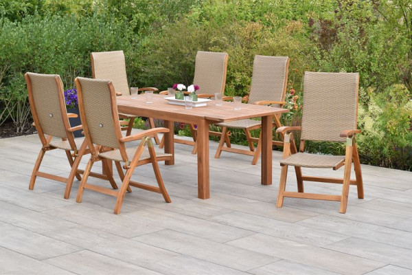 Merxx Capri Set 7-teilig, 6 Capri Klappsessel, 1 Ausziehtisch 150 (200) x 90 cm, Akazienholz, Natur, FSC Akazienholz mit Kunststoffgeflecht, 50456-264