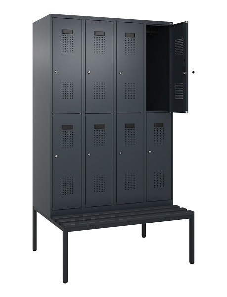 C+P Doppelstock-Spind Evolo PLUS, Bank, 8 Fächer, 2120x1200x815mm, 7016/7016, Zylinderschloss, Sitzfläche Kunststoff, Sitzbank, 0493507-40 S10124