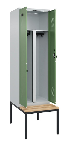 C+P PSA Doppel-Spind Evolo PLUS, Bank, 2 Abteile, 2120x600x815mm, 7035/6011, Drehriegel, Sitzfläche Buche-Hartholz, Sitzbank, 0490527-20P S10010