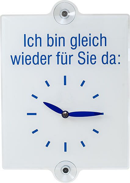 SafetyMarking Hinweisschild, Abbildung: Uhr, Text: Ich bin gleich wieder für Sie da, mit verstellbarer Uhranzeige, BxH 21x30 cm, Acrylglas, 46.5870