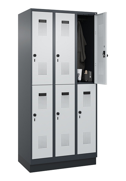 C+P Doppelstöckiger Spind Evolo PLUS, mit Sockel, 6 Fächer, 1950x900x500mm, 7016, Frontfarbe RAL 7035 Lichtgrau, Drehriegel, 049320-30 S10017