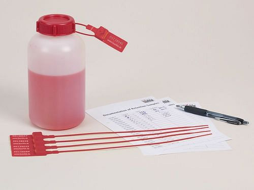 DENIOS Weithalsflasche aus HDPE, plombierbar für erhöhte Sicherheit, 250 ml, VE: 48 Stück, 309701