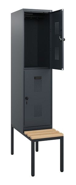 C+P Doppelstöckiger Spind Evolo PLUS, Bank, 2 Fächer, 1950x400x815mm, 7016/7016, Drehriegel, Sitzfläche Buche-Hartholz, Sitzbank, 0493505-12 S10016