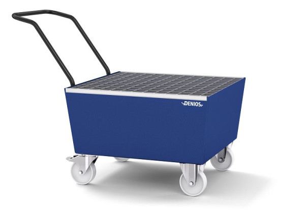 DENIOS Fahrbare Auffangwanne aus Stahl für 1 Fass à 200 Liter, 1350 x 815 x 995 mm, mit Gitterrost, 328441