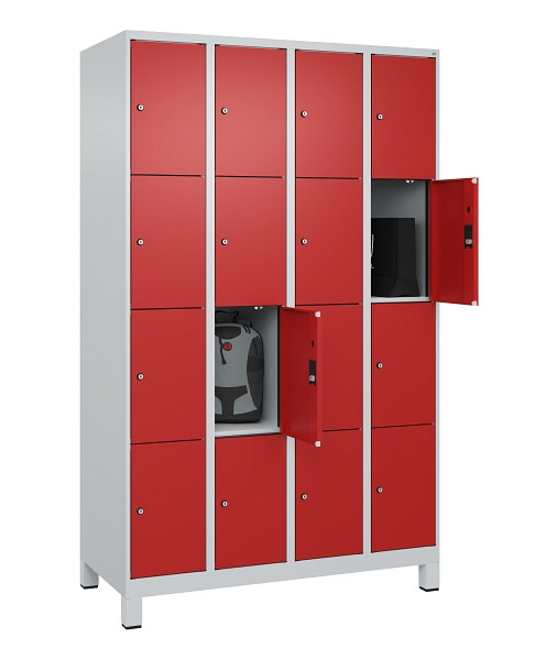 C+P Schließfachschrank Evolo PLUS, mit Füßen, 16 Fächer, 1950x1200x500mm, 7035/3000 feuerrot, 049010-404 S10003