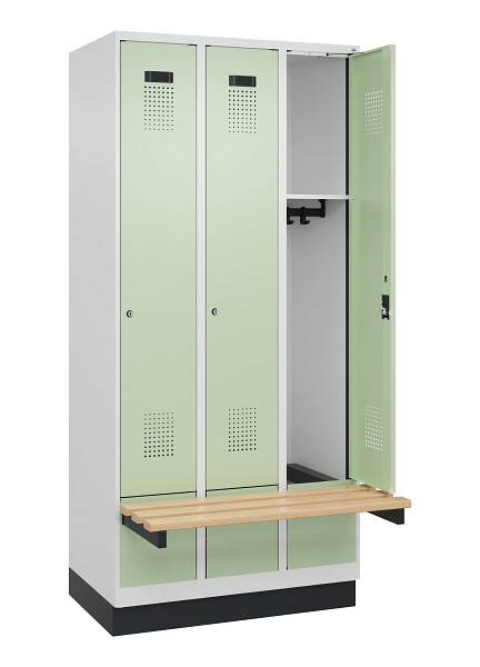 C+P Spind Evolo PLUS, 3 Abteile, 1950x900x815mm, 9016/6019, Zylinderschloss, Sitzfläche Holz, mit Sockel, 049040-30 S10046
