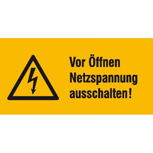 Stein HGS Elektrokennzeichnung/Warnkombischild, Vor Öffnen Netzspannung ausschalten!, 52 x 26 mm / Folie, 9er-Bogen, 30.0622