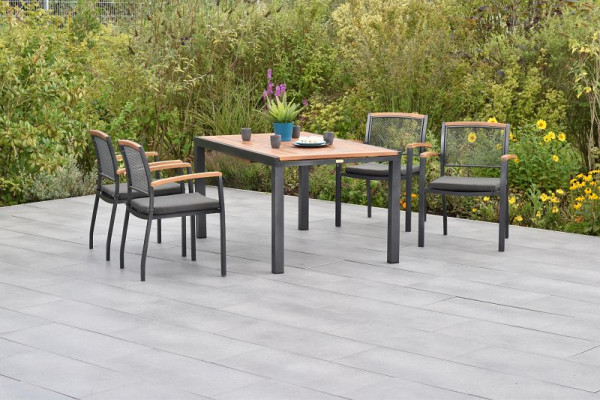 Merxx Tilos Set 9-teilig, 4 Tilos Stapelsessel, 4 Sitzkissen in grau, 1 Ausziehtisch 150 (200) x 90 cm, Tischplatte aus Akazienholz, 50792-800