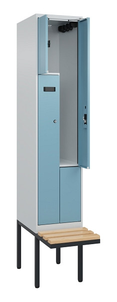 C+P Z-Spind Evolo PLUS, Bank, 2 Fächer, 2120x400x815mm, 7035/0010, Zylinderschloss, Sitzfläche Holz, 0490437-122 S10031